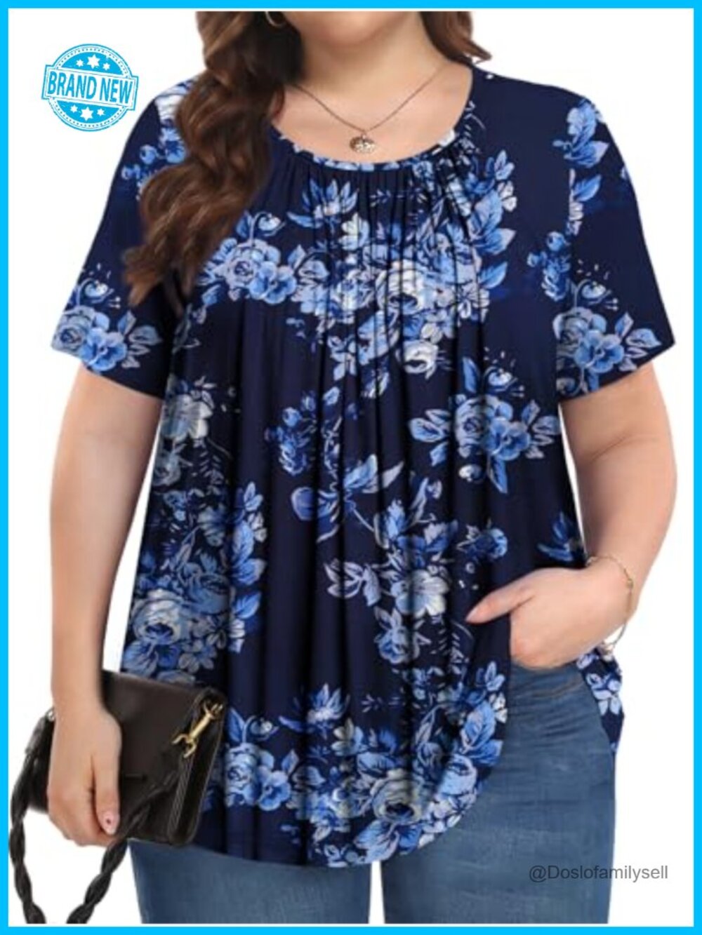 Womens Plus Size Tunic Top Short Sleeve Pleated Crew Neck Loose Fit Blouse